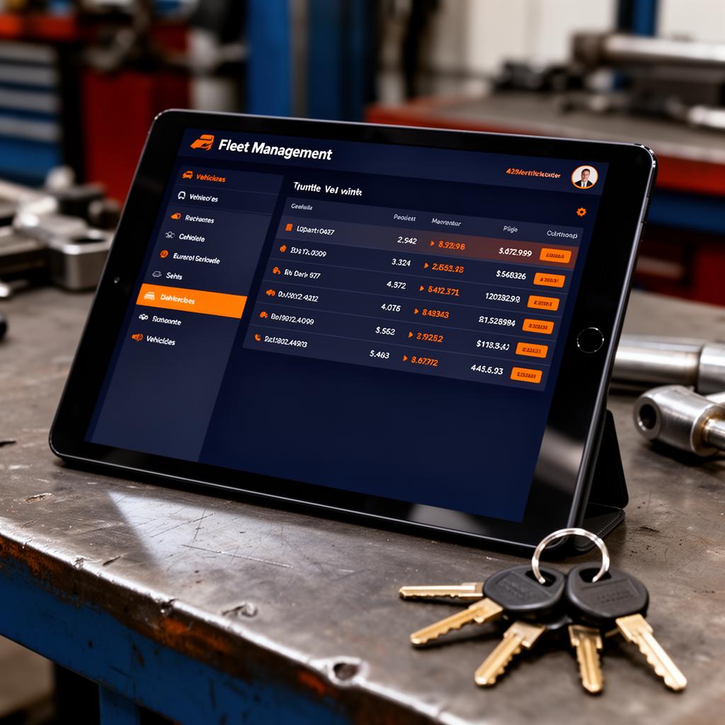 Tablet med flådestyring og driftsrapport på et værkstedsbord